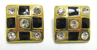 Vintage 1960s Clear Rhinestone and Enamel Geometric Clip Earrings - Front - Thumbnail