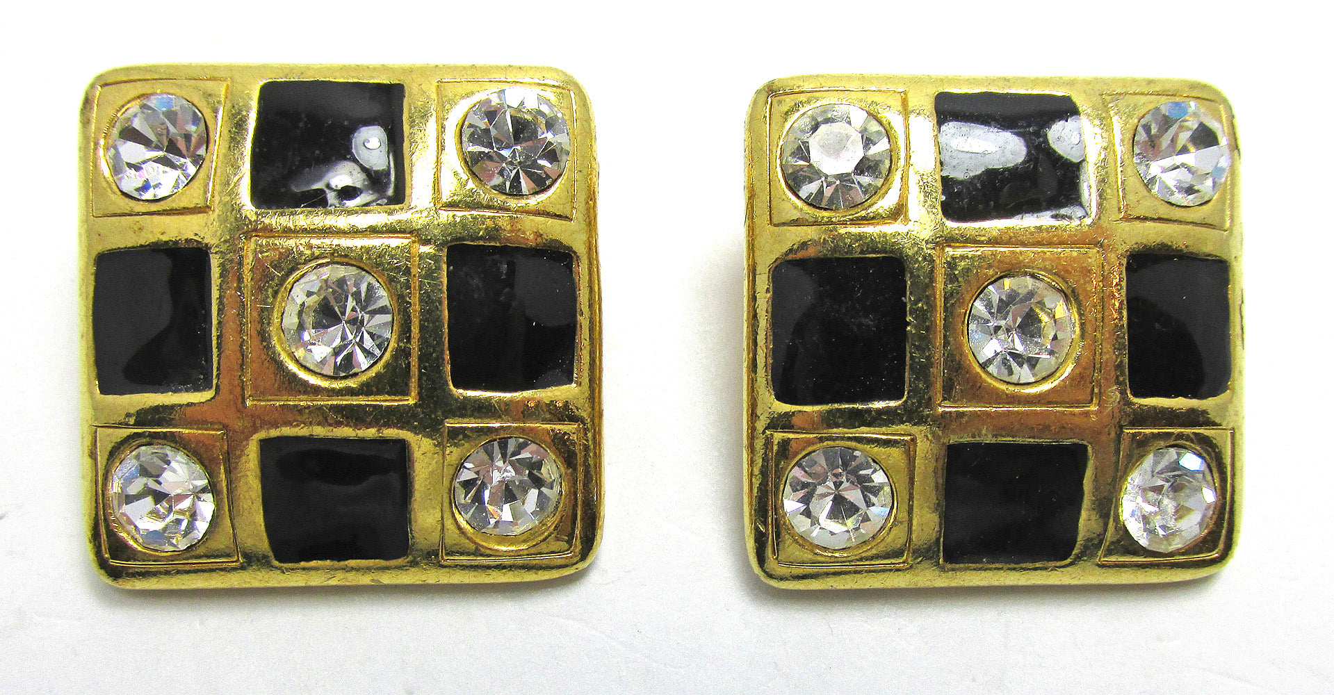 Vintage 1960s Clear Rhinestone and Enamel Geometric Clip Earrings - Front