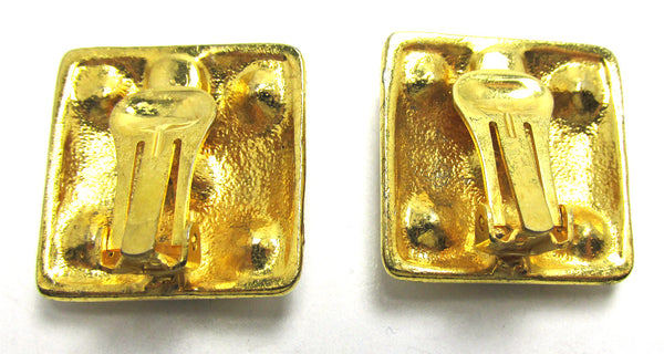 Vintage 1960s Clear Rhinestone and Enamel Geometric Clip Earrings - Back