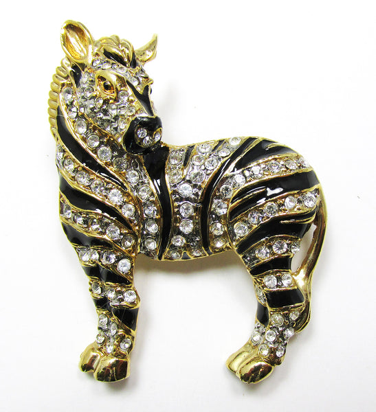 1960s Vintage Mid-Century Adorable Enamel and Diamante Zebra Pin - Front