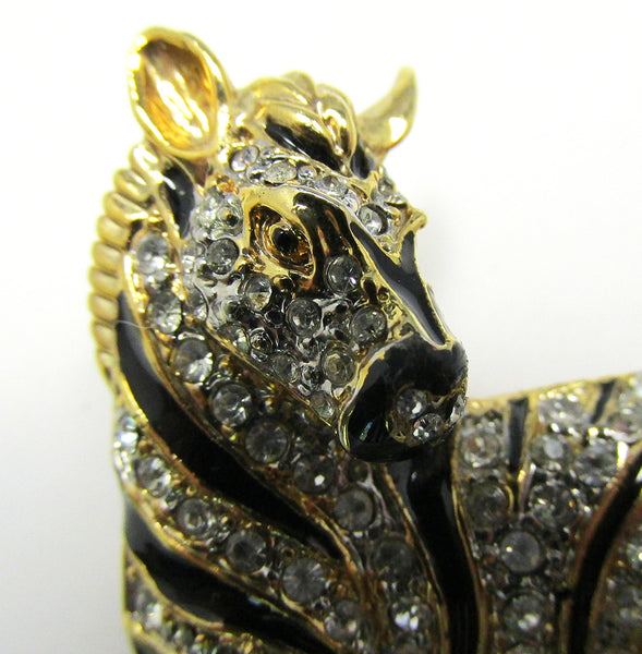 1960s Vintage Mid-Century Adorable Enamel and Diamante Zebra Pin - Close Up