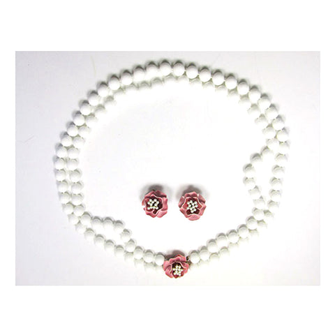 1950s Marvella Pearl and Enamel Floral Necklace and Earring Set - Front