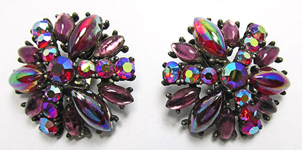Art Vintage 1950s Designer Red, Pink, and AB Rhinestone Earrings - Front