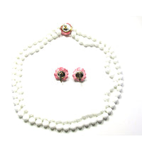 1950s Marvella Pearl and Enamel Floral Necklace and Earring Set - Back - Thumbnail