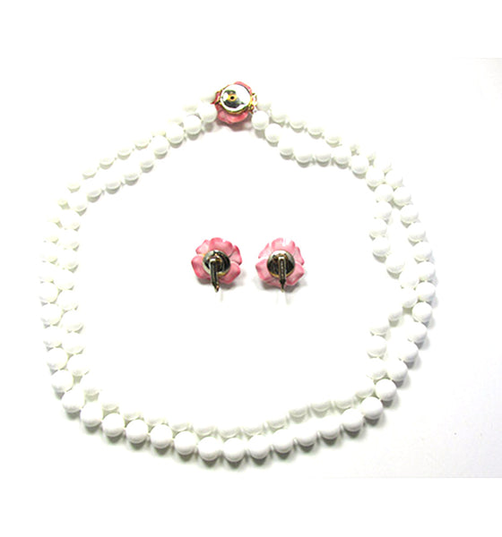 1950s Marvella Pearl and Enamel Floral Necklace and Earring Set - Back
