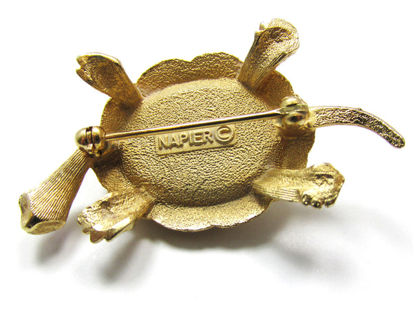 Signed Napier Designer Vintage 1960s Diamante Figural Turtle Pin - Back and Signature