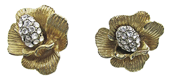 Signed Art 1950s Vintage Clear Rhinestone Clip-On Floral Earrings - Front