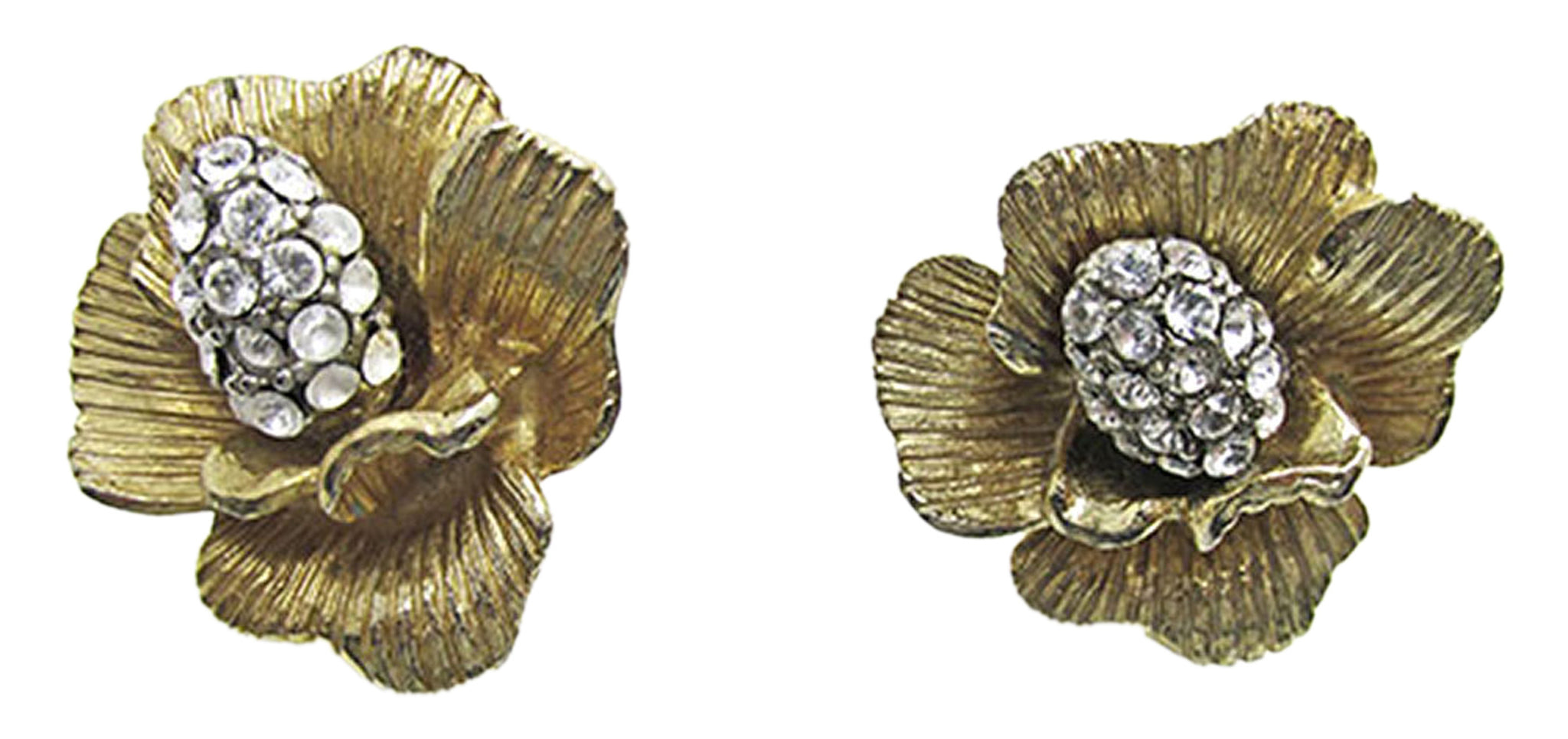 Signed Art 1950s Vintage Clear Rhinestone Clip-On Floral Earrings - Front