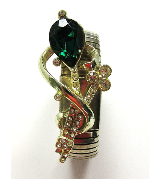 Unique 1940s Vintage Expandable Diamante and Gold Floral Bracelet - Front