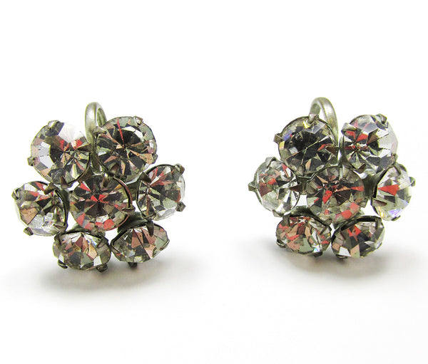 1950s Vintage Adorable Clear Diamante Floral Button Earrings - Front