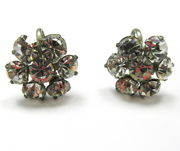 1950s Vintage Adorable Clear Diamante Floral Button Earrings - Front