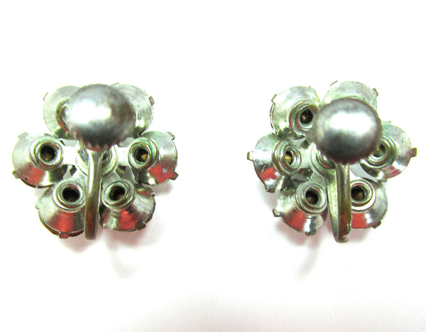 1950s Vintage Adorable Clear Diamante Floral Button Earrings - Back