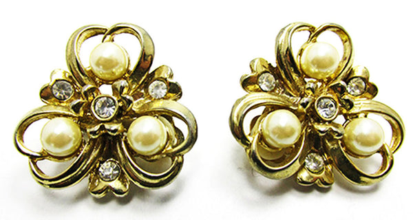 Vintage 1950s Triple Heart Pearl and Clear Rhinestone Gold Earrings - Front
