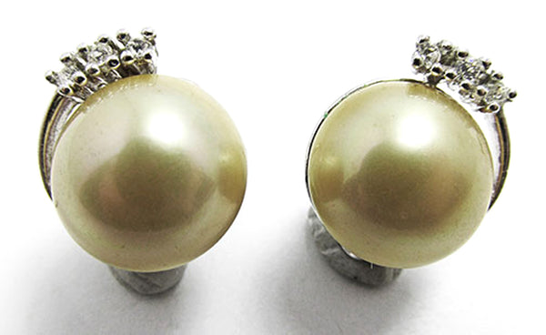 Vintage 1970s Signed Contemporary Style Pearl and Rhinestone Earrings - Front