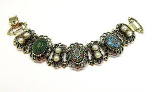Dramatic 1950s Mid-Century Gothic Style Pearl and Cabochon Link Bracelet - Front