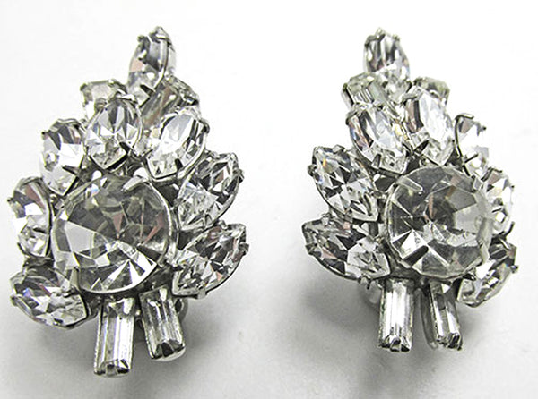 Vintage 1950s Dazzling Clear Rhinestone and Silver Leaf Earrings - Front