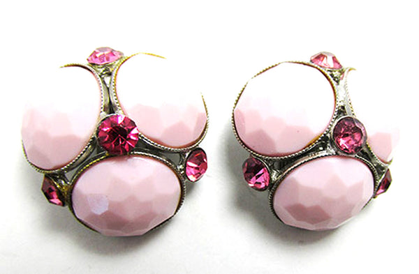 Signed Vogue Vintage 1950s Unique Pink Rhinestone Button Earrings - Front