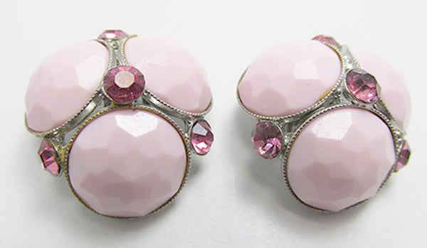 Signed Vogue Vintage 1950s Unique Pink Rhinestone Button Earrings - Front