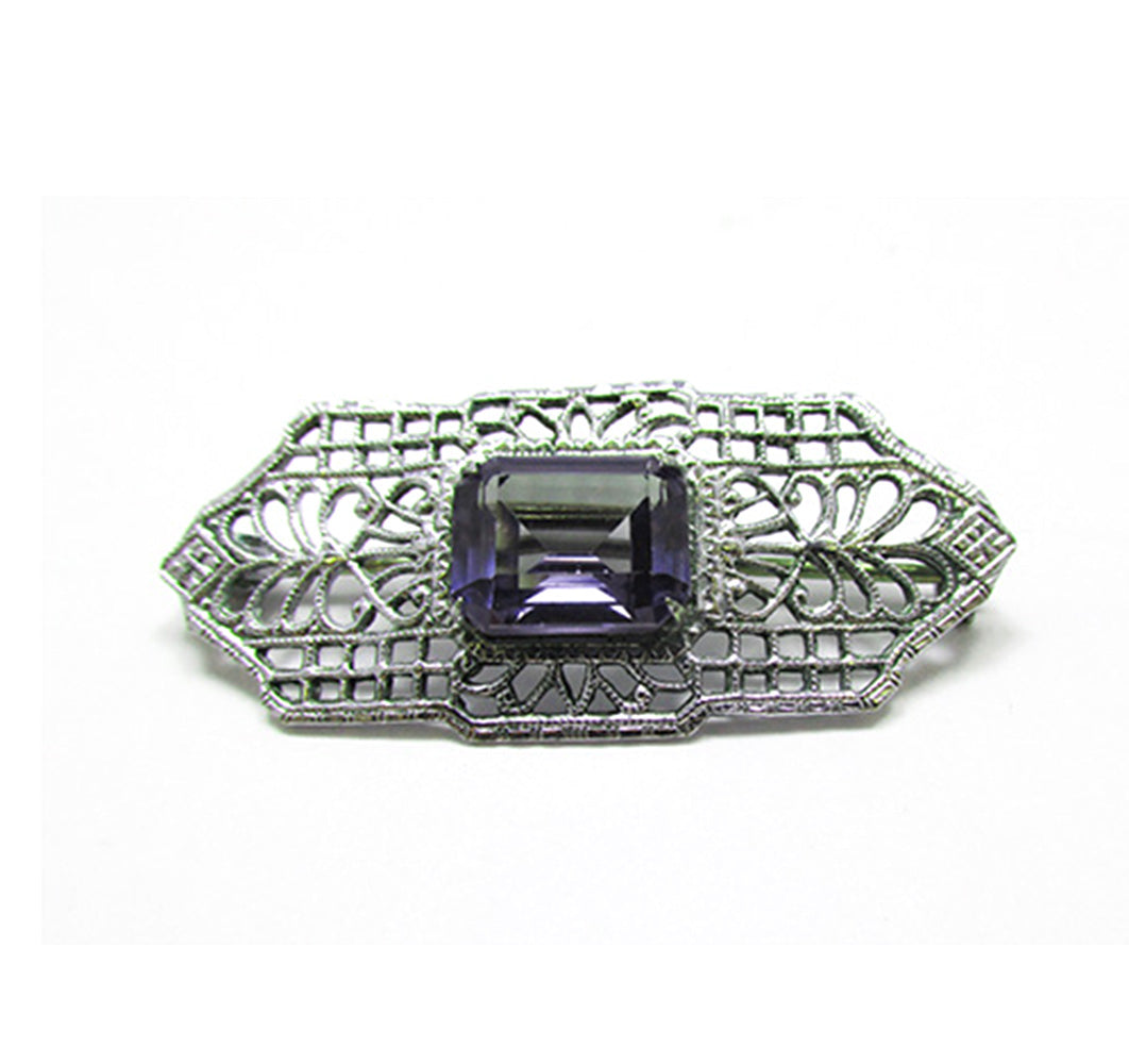 Antique/Vintage 1910s Art Deco Purple and Silver Diamante Pin - Front