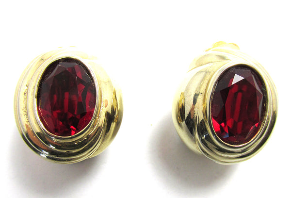1960s Vintage Mid-Century Ruby Diamante and Gold Earrings - Front