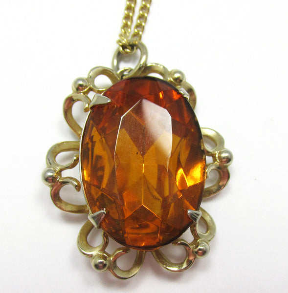 Eye-Catching 1950s Vintage Topaz and Gold Diamante Pendant - Centerpiece Close Up