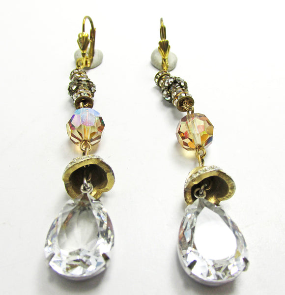Vintage 1960s Mid-Century Diamante and Crystal Drop Earrings - Front