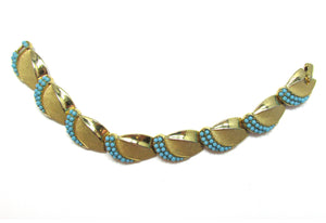 Signed Trifari 1950s Vintage Designer Turquoise and Gold Bracelet - Front