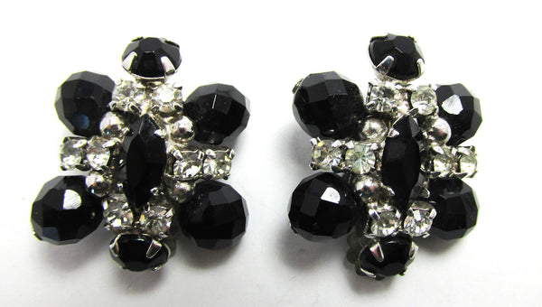 Vintage 1950s Sparkling Clear and Black Rhinestone Clip-On Earrings - Front