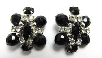 Vintage 1950s Sparkling Clear and Black Rhinestone Clip-On Earrings - Front - Thumbnail