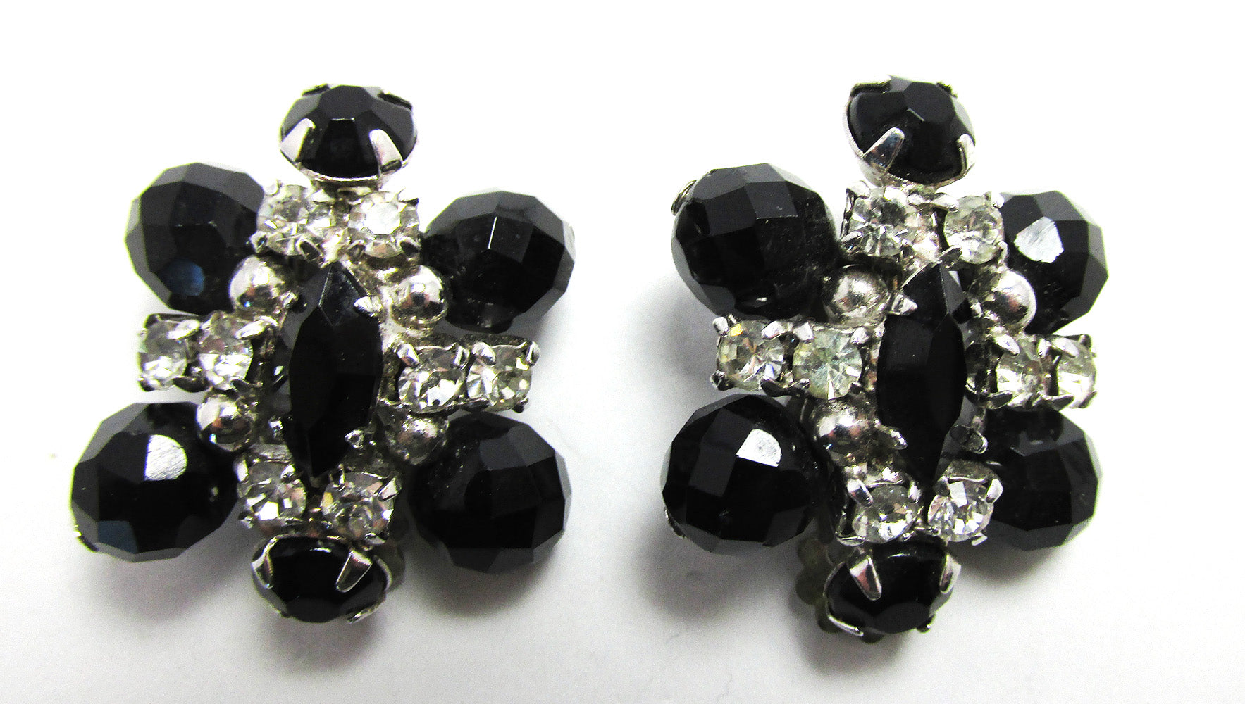 Vintage 1950s Sparkling Clear and Black Rhinestone Clip-On Earrings - Front
