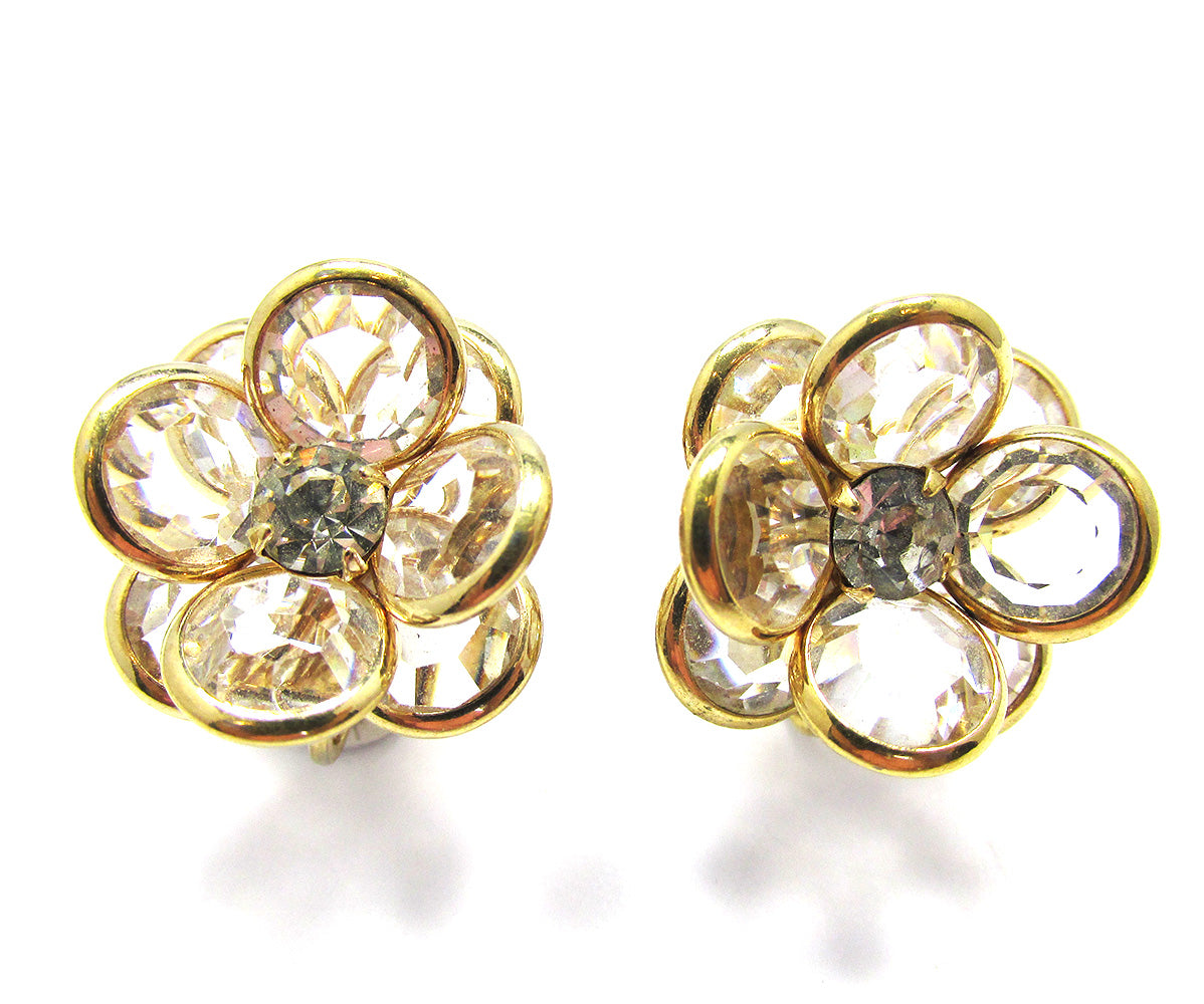 Vintage 1970s Contemporary Rhinestone and Crystal Floral Earrings - Front
