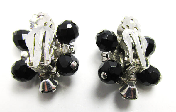 Vintage 1950s Sparkling Clear and Black Rhinestone Clip-On Earrings - Back