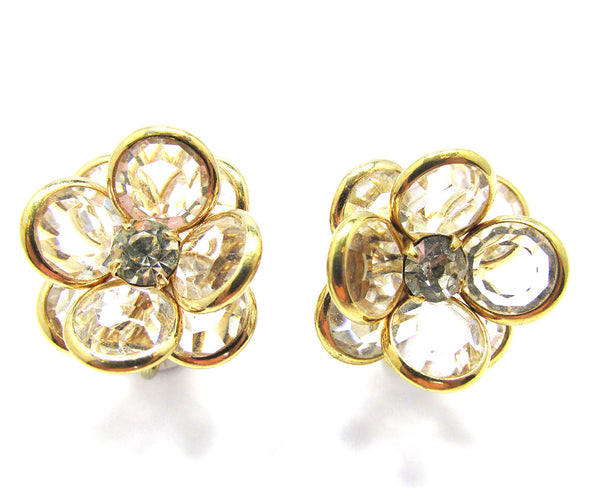 Vintage 1970s Contemporary Rhinestone and Crystal Floral Earrings - Front