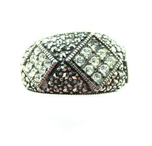 Mid-Century 1960s Vintage Rhinestone and Marcasite Sterling Ring - Front