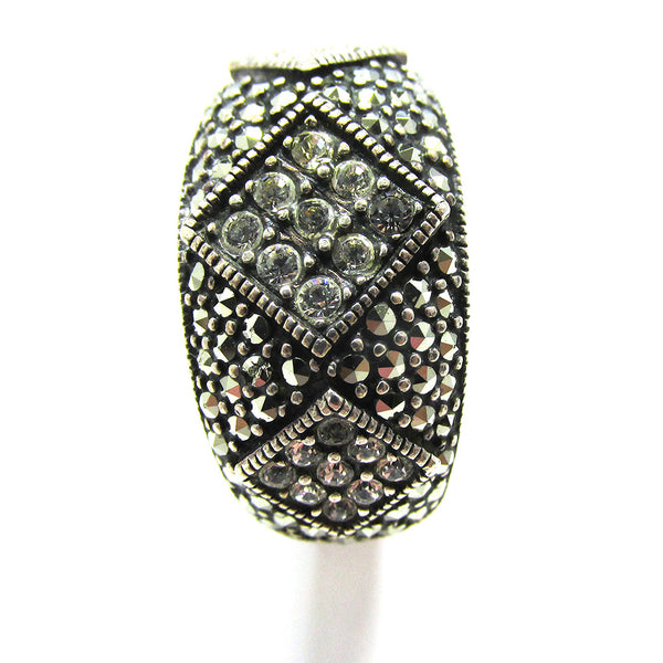 Mid-Century 1960s Vintage Rhinestone and Marcasite Sterling Ring - Front