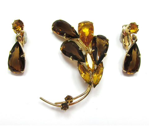 1950s Vintage Mid-Century Autumn Colors Diamante Pin and Earrings - Front