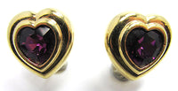Vintage 1960s Amethyst Rhinestone and Gold Heart Clip-On Earrings - Front - Thumbnail
