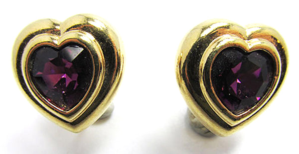 Vintage 1960s Amethyst Rhinestone and Gold Heart Clip-On Earrings - Front