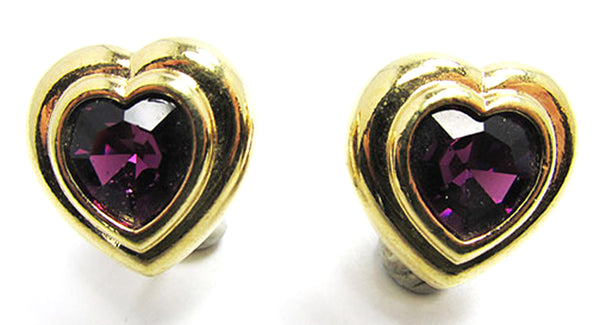 Vintage 1960s Amethyst Rhinestone and Gold Heart Clip-On Earrings - Front
