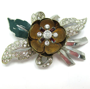Signed Coro Vintage 1940s Designer Diamante Camelia Trembler Pin - Front