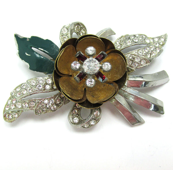 Signed Coro Vintage 1940s Designer Diamante Camelia Trembler Pin - Front