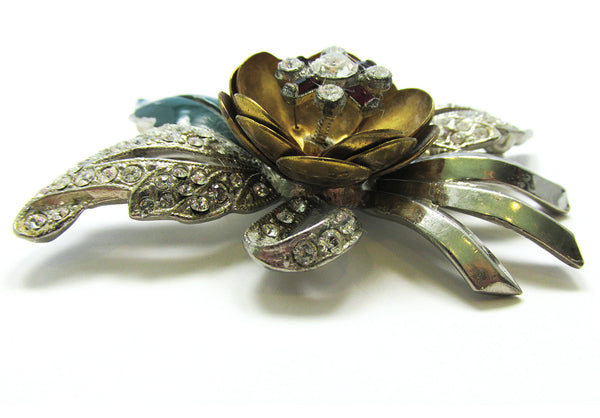 Signed Coro Vintage 1940s Designer Diamante Camelia Trembler Pin - Side