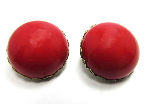 Bold Vintage 1960s Red Thermoset Cabochon Button Earrings - Front