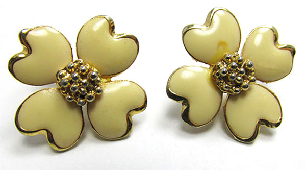 Vintage 1960s Contemporary Look Cream Enamel Floral Earrings - Front