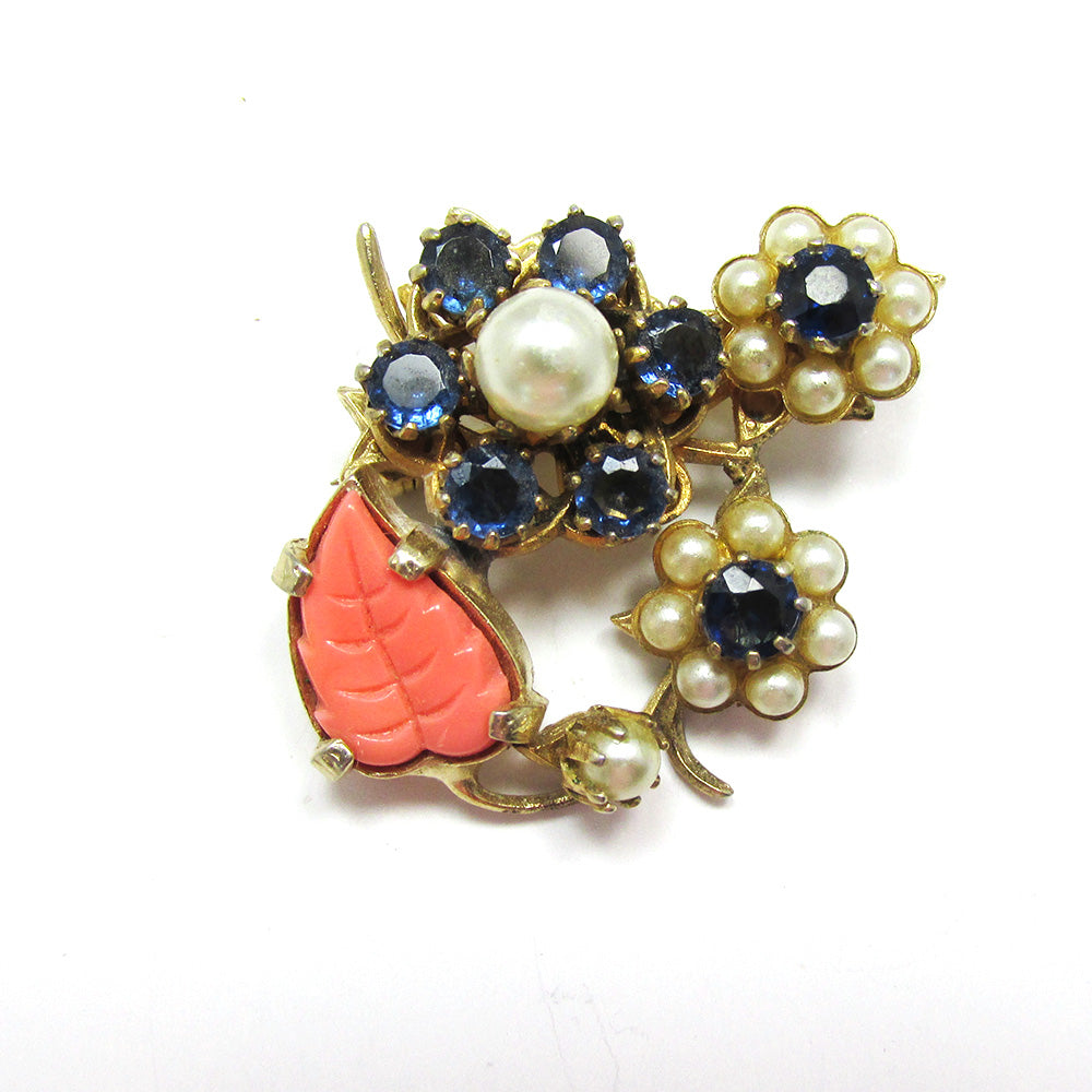 Adorable Vintage 1950s Unique Diamante and Pearl Floral Pin - Front