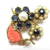 Adorable Vintage 1950s Unique Diamante and Pearl Floral Pin - Front Close Up - Thumbnail