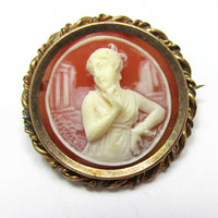 Unique Vintage 1930s Retro Ivory and Brown Collectible Cameo Pin - Front - Thumbnail