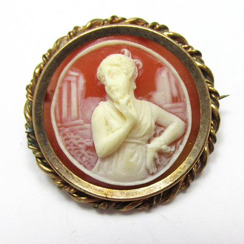 Unique Vintage 1930s Retro Ivory and Brown Collectible Cameo Pin - Front