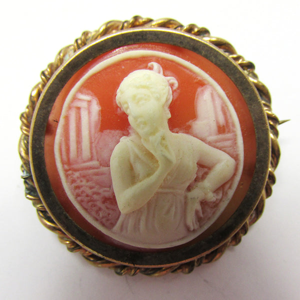 Unique Vintage 1930s Retro Ivory and Brown Collectible Cameo Pin - Front