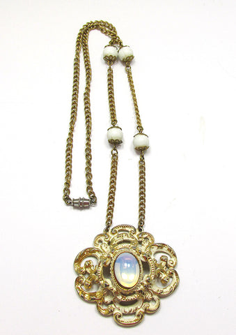 Vintage Signed Florenza 1950s Mid-Century Rhinestone and Bead Pendant - Front